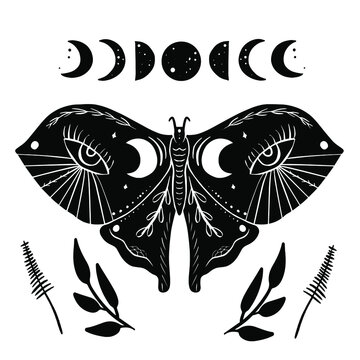 Mystic Moon Moth Linocut Style Card. Vector Illustration Hand Drawn