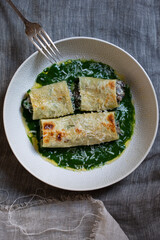 Mushroom, spinach and ricotta chesse cannelloni in spinach sauce