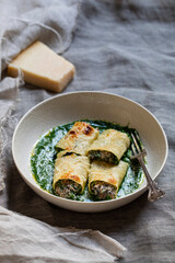 Mushroom, spinach and ricotta chesse cannelloni in spinach sauce