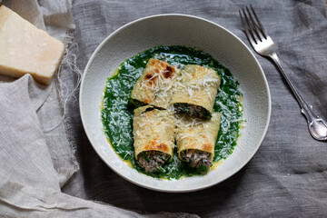 Mushroom, spinach and ricotta chesse cannelloni in spinach sauce
