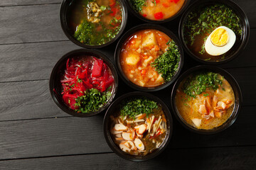 Business lunch in eco plastic container ready for delivery.Top view. Office Lunch boxes with food ready to go. Food takes away. Catering, brakfast