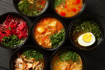 Business lunch in eco plastic container ready for delivery.Top view. Office Lunch boxes with food ready to go. Food takes away. Catering, brakfast
