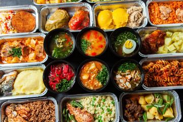 Business lunch in eco plastic container ready for delivery.Top view. Office Lunch boxes with food ready to go. Food takes away. Catering, brakfast