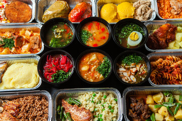 Business lunch in eco plastic container ready for delivery.Top view. Office Lunch boxes with food ready to go. Food takes away. Catering, brakfast