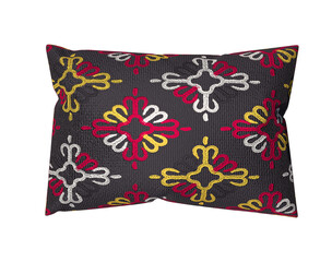 A bright cotton or silk pillow with a pattern of red, white and yellow colors on a black background, highlighted on white. 3D-rendering