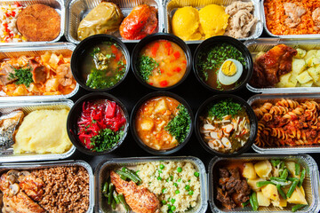 Business lunch in eco plastic container ready for delivery.Top view. Office Lunch boxes with food ready to go. Food takes away. Catering, brakfast