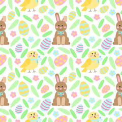 Seamless vector pattern on the Easter theme. Bright spring background. Digital ornament with flowers, leaves, colored eggs, chicken and bunny for wrapping paper, fabrics, web design, stationery, etc.