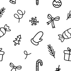 New Year's attributes. Christmas seamless pattern. Holiday decoration. Hand-drawn Christmas icons. New year collection icons. Winter toys. Fir-tree, gift, bell, candy, mitten, bow, sprig. Wrapping 