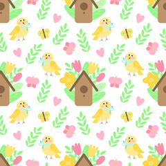 Seamless vector pattern on a spring theme. Bright flowered ornament. Digital background with birds, birdhouses, leaves, butterflies and tulips for wrapping paper, fabrics, web design, stationery, etc.