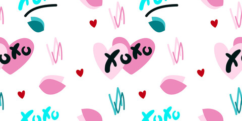 Vector abstract seamless XOXO pattern. White background with brush strokes, pink hearts, text. Romantic floral print design for textile, wrapping paper, wedding backdrops, Valentine's Day concepts etc
