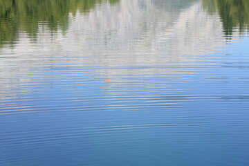 Wallpaper with water rings and a gentle reflection of forests and mountains in blue lake