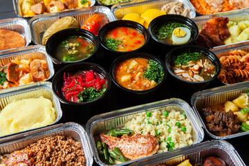 Business lunch in eco plastic container ready for delivery.Top view. Office Lunch boxes with food ready to go. Food takes away. Catering, brakfast