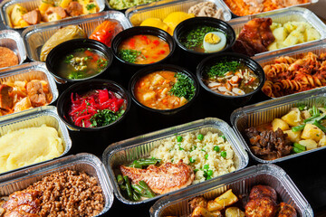 Business lunch in eco plastic container ready for delivery.Top view. Office Lunch boxes with food ready to go. Food takes away. Catering, brakfast