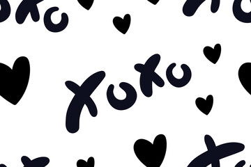 Vector abstract seamless XOXO pattern. White background with monochrome black hearts and letters. Trendy print design for textile, wrapping paper, wedding backdrops, Valentine's Day concepts etc.