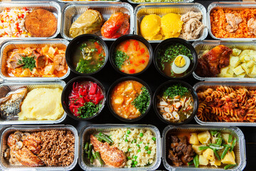 Business lunch in eco plastic container ready for delivery.Top view. Office Lunch boxes with food ready to go. Food takes away. Catering, brakfast