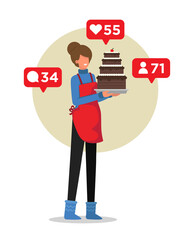 Woman showing her homemade cake to her social media followers