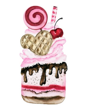 Pink dessert illustration for postcard, clothes print, textile pattern design. Sweet and cute hand painted watercolor. Vaffel, chocolate, cotton sugar, berries in glass cup