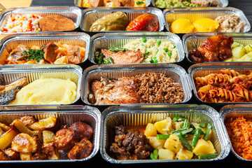 Business lunch in eco plastic container ready for delivery.Top view. Office Lunch boxes with food...
