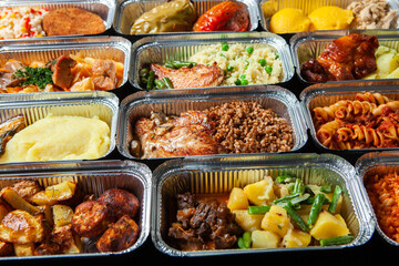 Business lunch in eco plastic container ready for delivery.Top view. Office Lunch boxes with food ready to go. Food takes away. Catering, brakfast