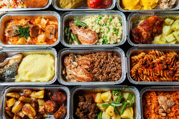 Business lunch in eco plastic container ready for delivery.Top view. Office Lunch boxes with food ready to go. Food takes away. Catering, brakfast.