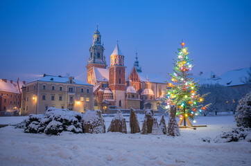 Illuminated Christmas tree on snow at night, Wawel cathedral and castle, Krakow, Poland