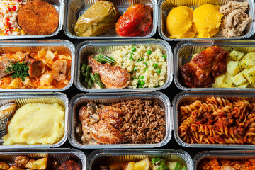 Business lunch in eco plastic container ready for delivery.Top view. Office Lunch boxes with food ready to go. Food takes away. Catering, brakfast.