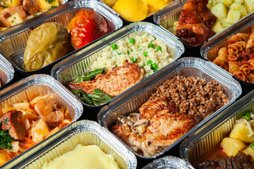 Business lunch in eco plastic container ready for delivery.Top view. Office Lunch boxes with food ready to go. Food takes away. Catering, brakfast.