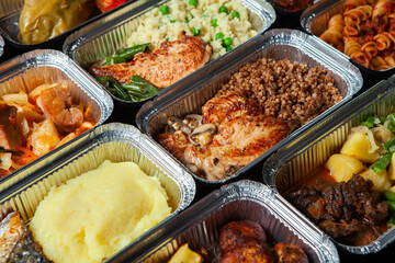 Business lunch in eco plastic container ready for delivery.Top view. Office Lunch boxes with food ready to go. Food takes away. Catering, brakfast.