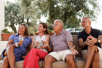 gruppo di famiglia si rilassa divertito in giardino brindando con un aperitivo seduti in un divano...