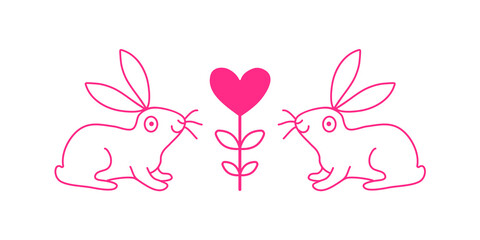 Hand drawn doodle vector  illustration two rabbits in love with flower heart. Valentine's day  card. Red outline isolated on white background.