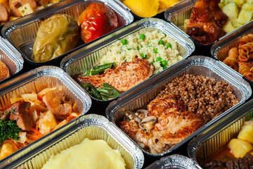 Business lunch in eco plastic container ready for delivery.Top view. Office Lunch boxes with food ready to go. Food takes away. Catering, brakfast.