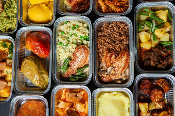 Business lunch in eco plastic container ready for delivery.Top view. Office Lunch boxes with food ready to go. Food takes away. Catering, brakfast.