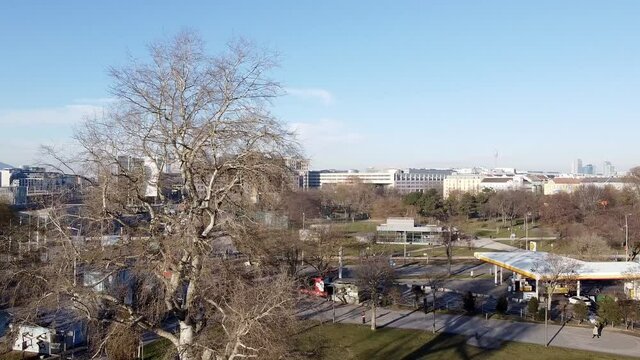 Panorama view on the Praterstern area, the amusement park, Prater Park and the Giant Ferris Wheel in Vienna in the Autumn