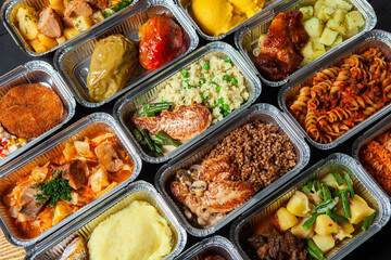 Business lunch in eco plastic container ready for delivery.Top view. Office Lunch boxes with food ready to go. Food takes away. Catering, brakfast.