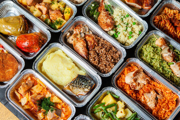 Business lunch in eco plastic container ready for delivery.Top view. Office Lunch boxes with food ready to go. Food takes away. Catering, brakfast.