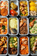 Business lunch in eco plastic container ready for delivery.Top view. Office Lunch boxes with food ready to go. Food takes away. Catering, brakfast.