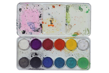 opened used watercolor box isolated on white background