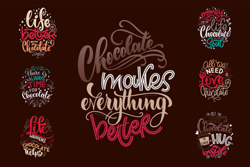 Chocolate hand lettering quotes set. Warm Christmas winter word composition. Vector design elements for t-shirts, posters, cards, stickers and menu