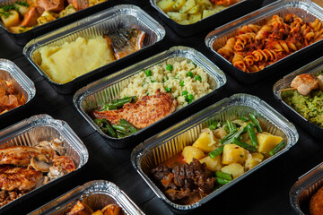 Business lunch in eco plastic container ready for delivery.Top view. Office Lunch boxes with food ready to go. Food takes away. Catering, brakfast.