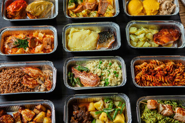 Business lunch in eco plastic container ready for delivery.Top view. Office Lunch boxes with food ready to go. Food takes away. Catering, brakfast.