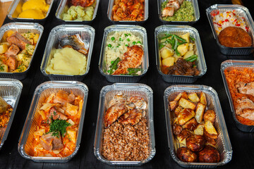 Business lunch in eco plastic container ready for delivery.Top view. Office Lunch boxes with food ready to go. Food takes away. Catering, brakfast.