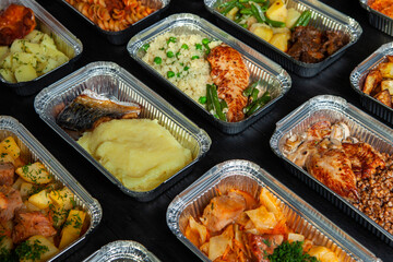 Business lunch in eco plastic container ready for delivery.Top view. Office Lunch boxes with food ready to go. Food takes away. Catering, brakfast.
