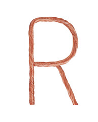 Letter R made of copper wire  isolated on white background