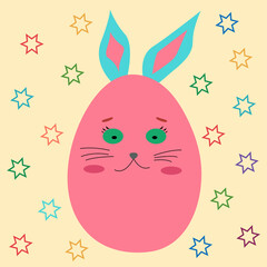 Egg decorated like an Easter bunny on a light background with stars. Happy easter design. Vector cartoon illustration