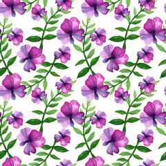 Seamless watercolor pattern with purple, pink flowers flowers and green twigs. Hand drawn pansies. Spring, summer illustration. Design for wrapping paper, wallpapers, backgrounds and more.