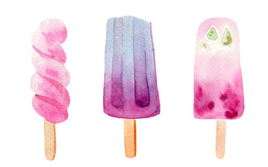 Watercolor illustration set of delicious ice cream popsicles on a stick