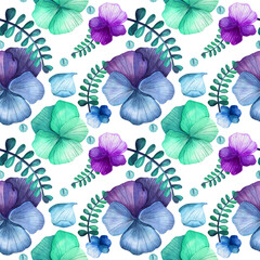Seamless watercolor pattern with flowers. Botanical theme. Pansies, leaves and twigs. Blue, turquoise, purple colors. Summer, spring watercolor illustration.