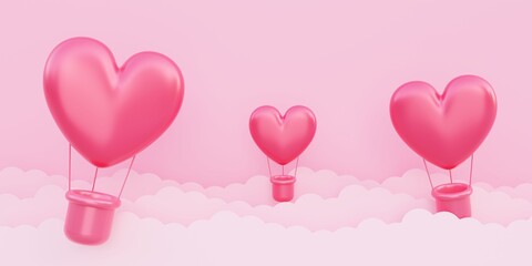 Fototapeta na wymiar Valentine's day, love concept background, red 3d heart shaped hot air balloons flying in the sky with paper cloud