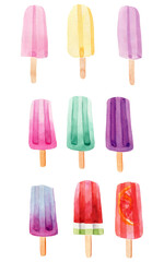 Watercolor illustration set of delicious ice cream popsicles on a stick
