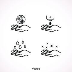 Set of Hygiene icons. The icons as hand wash, soap, alcohol, detergent, anti bacteria. Vector illustrations.